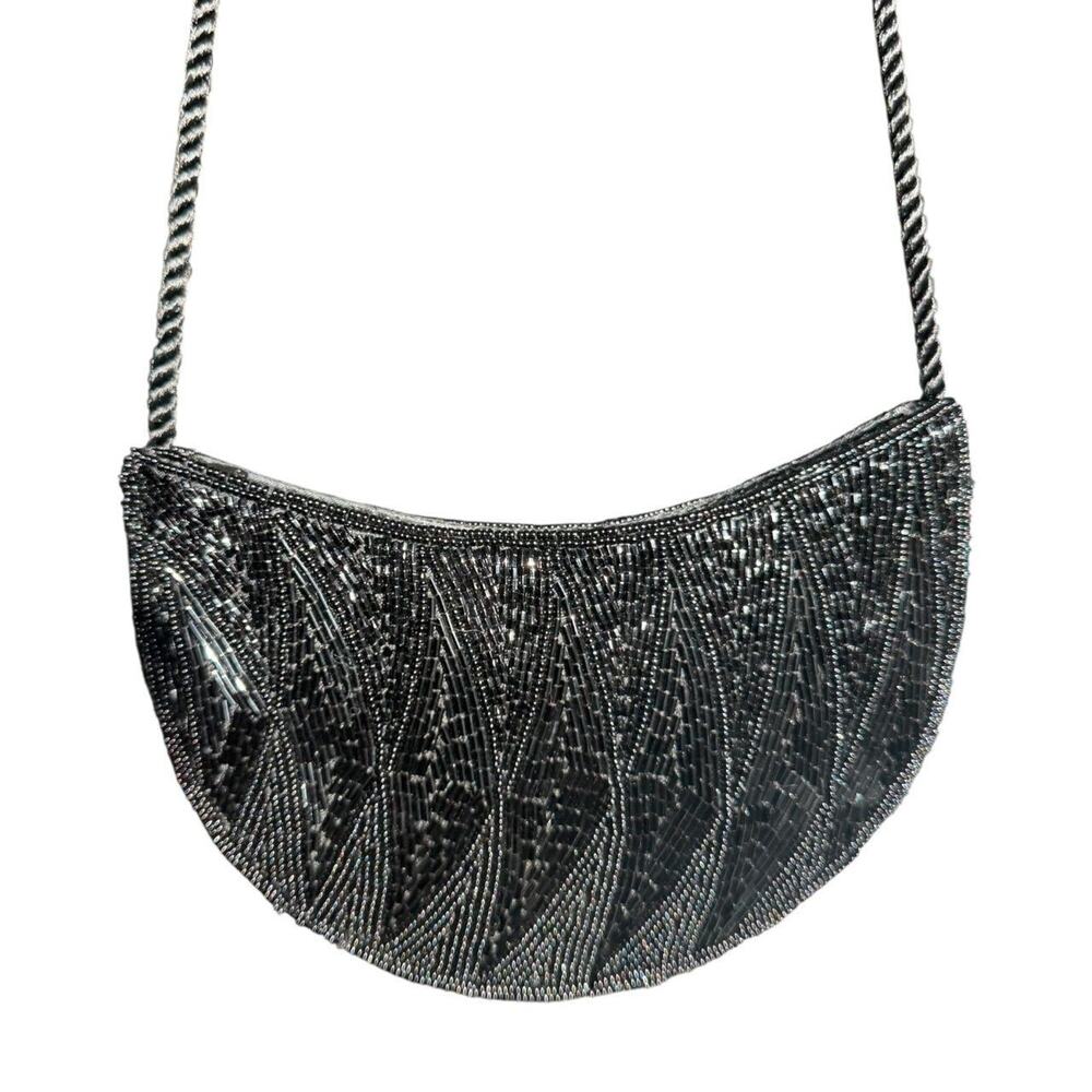Vintage 90s Black Beaded Art Deco Crescent Moon Shoulder Bag